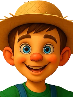Mascote da Uai Lava, um menino de chapéu de palha e macacão, sorrindo.